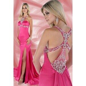 Xcite Fancy Back Satin Grad Prom Dress 32283 Fuchsia